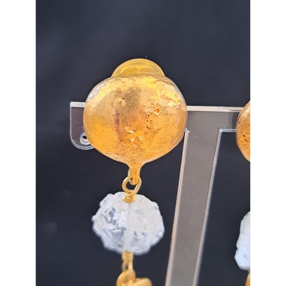 Molten Gold Tone Nugget Clear Rock Crystal and Coral/ Branch Clip Earrings - Picture 8 of 9